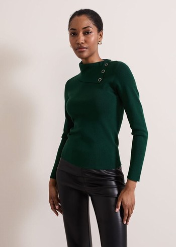 Phase Eight Regina Popper Collar Ribbed Knitwear Green Australia | GP1934576